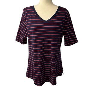 Isaac Mizrahi Essentials Size L Pima Cotton Navy Blue & Red Striped V-Neck Top